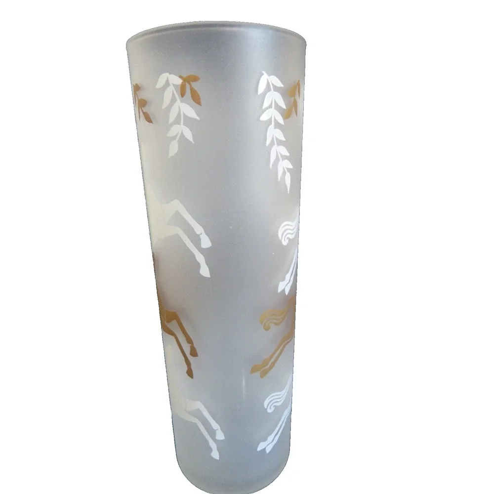 Vintage Libbey Cavalcade Frosted Glass w/ White & Gold Horses 2.5